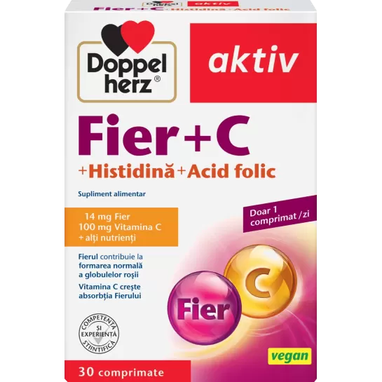 Doppelherz Aktiv Fier + C + Histidină + Acid folic, 30 comprimate