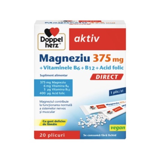 Doppelherz Aktiv Magneziu 375 mg Direct + Vitaminele B6 + B12 + Acid folic, 20 plicuri