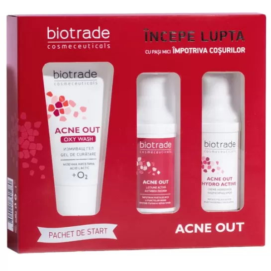 Acne Out Gel de curatare 50ml + Lotiune 20ml +Crema 20ml, Pachet Promotional, Biotrade