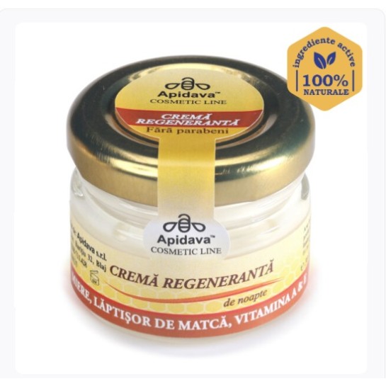 Crema regeneranta de noapte cu miere, laptisor de matca, Vit A & E, 30ml, Apidava