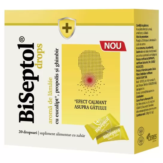 Biseptol, Dropsuri cu aroma de lamaie, 20 bucati, Dacia Plant