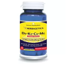 Complex natural cu Vitamina K2, Vitamina D3, Magneziu si Calciu, 30 capsule, Herbagetica