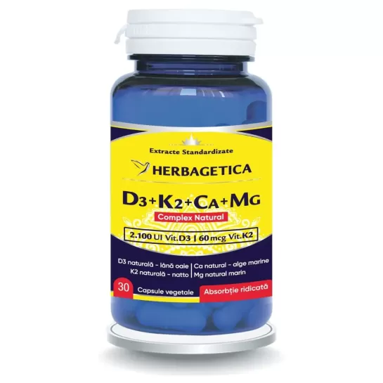 Complex natural cu Vitamina K2, Vitamina D3, Magneziu si Calciu, 30 capsule, Herbagetica