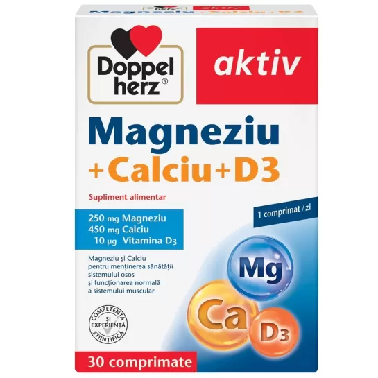 Doppelherz Aktiv Magneziu + Calciu + Vitamina D3, 30 comprimate