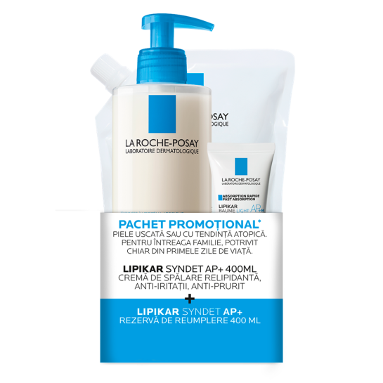 La Roche-Posay Lipikar syndet ap+ crema de dus 400ml + Rezerva 400 ml + Balsam Lipikar Baume Light AP+M, 15 ml, Pachet promotional