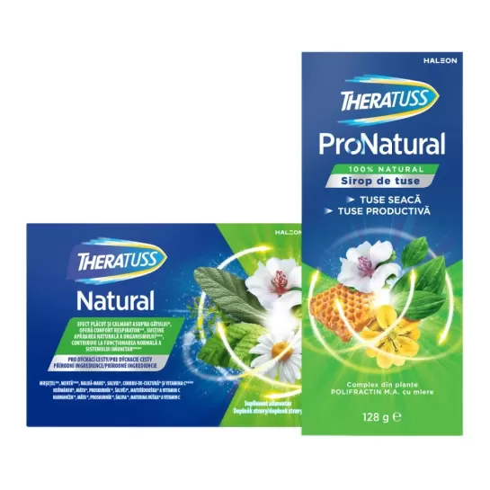 Theratuss Pronatural sirop + Theratuss Natural, 16 comprimate supt, Glaxo, Pachet Promotional