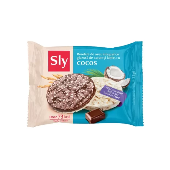 Rondele de orez integral cu glazura de cacao si lapte, cu cocos 32g, Sly Nutritia