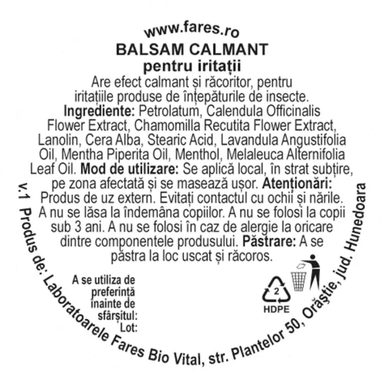 Balsam calmant pentru iritatii, crema 20g, Fares