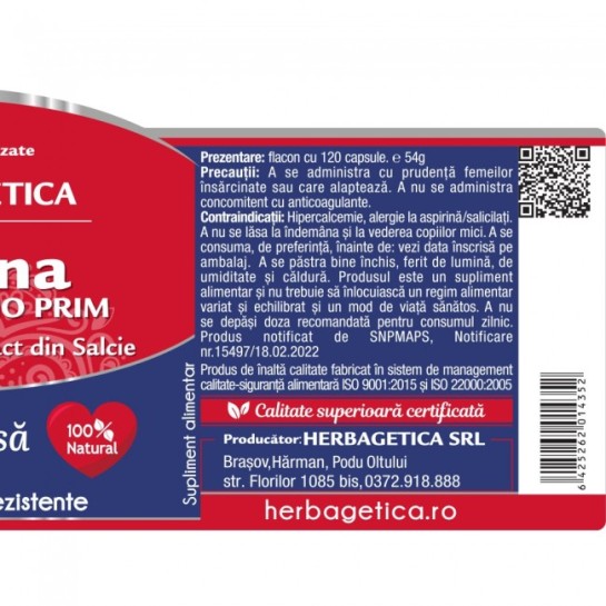 Aspirina naturala 75 mg Cardio Prim, 120 capsule, Herbagetica