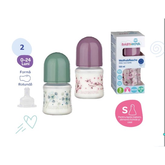 Biberon pp decor fara bpa 150ml cu gat larg si tetine cu sistem anticolici, Babynova