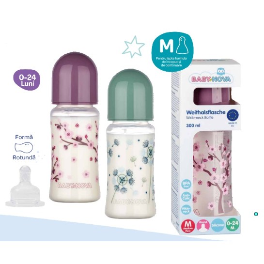 Biberon pp decor fara bpa 300ml cu gat larg si tetine cu sistem anticolici, Babynova