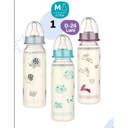 Biberon pp fara bpa 240 ml decor animalute, tetina rotunda, medium, Babynova