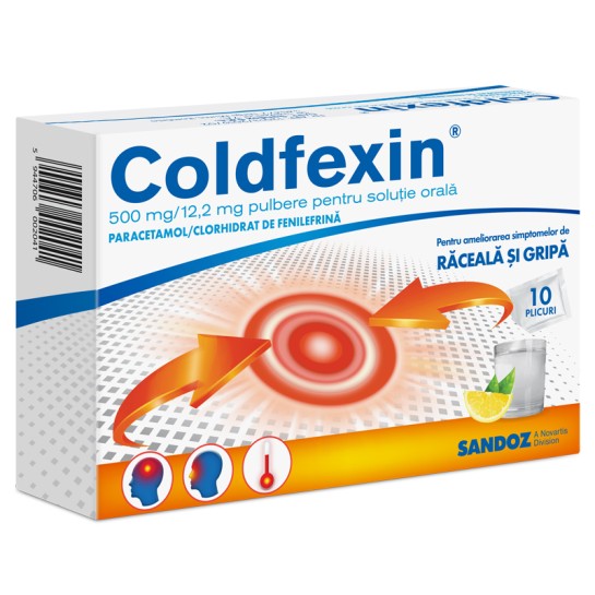 Coldfexin, 500 mg/12,2 mg pulbere pentru solutie orală, 10 plicuri, Sandoz