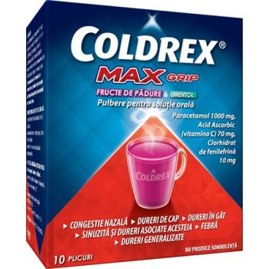 Coldrex Maxgrip fructe de padure & mentol, 10 plicuri, Perrigo
