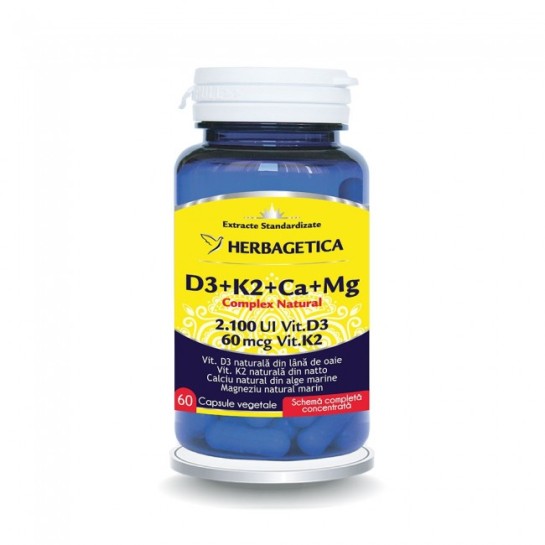 Complex natural cu Vitamina K2, Vitamina D3, Magneziu si Calciu, 60 capsule, Herbagetica
