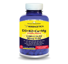 Complex natural D3+K2+Ca+Mg, 120 capsule vegetale, Herbagetica