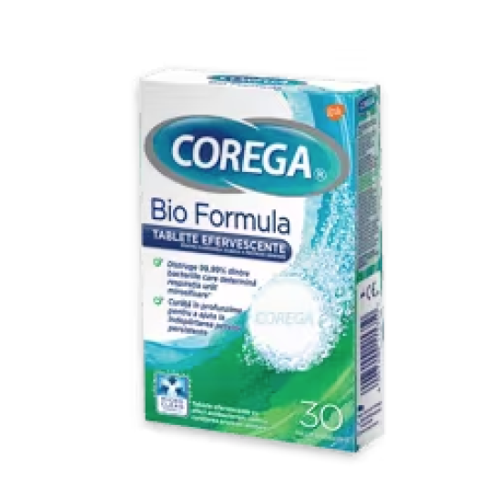 COREGA Bio Formula  - 30 tablete efervescente cu efect  antibacterian de curăţare pentru proteze dentare