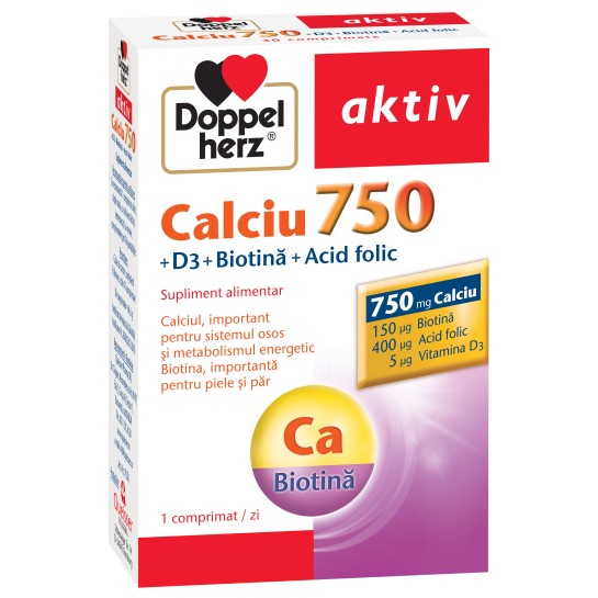 Doppelherz Aktiv Calciu 750 + D3 + Bitoină + Acid Folic, 30 comprimate