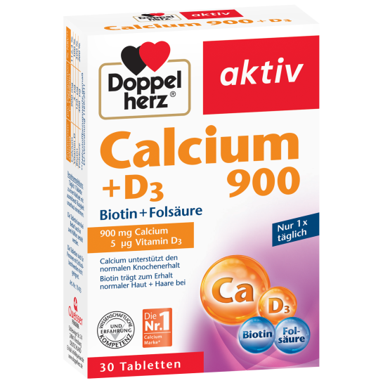 Doppelherz Aktiv Calciu 900 + D3 + Biotină + Acid folic, 30 comprimate