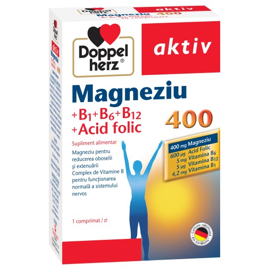 Doppelherz Aktiv Magneziu 400 + B1 + B6 + B12 + Acid Folic, 30 comprimate