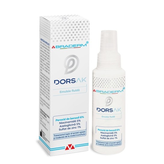 Dorsak spray cu emulsie fluidă pentru acneea trunchiului, 100ml, Braderm 