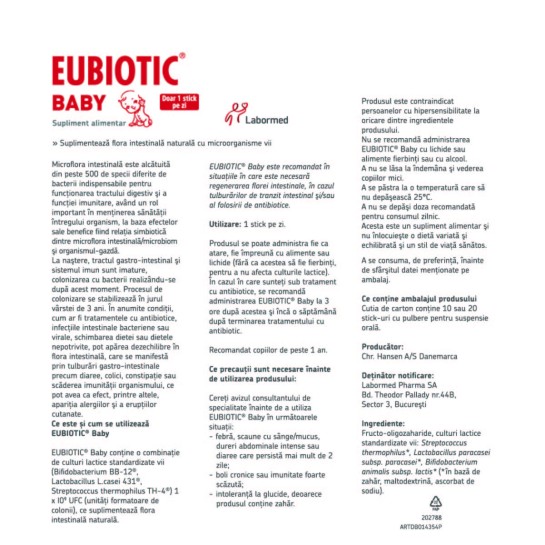 Eubiotic Baby Stick, Labormed, Supliment alimentar pe bază de tulpini bacteriene benefice, 10 stick-uri
