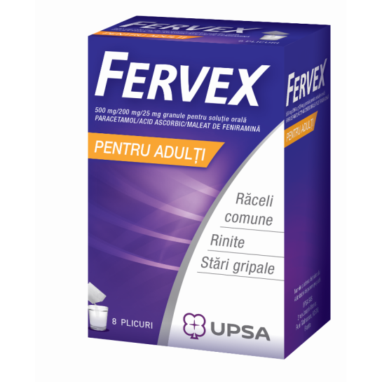 Fervex pentru adulti 500 mg/200 mg/25 mg, 8 plicuri