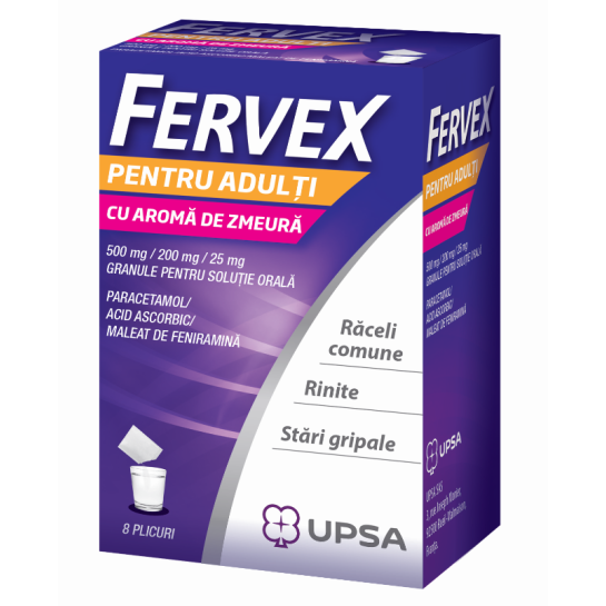 Fervex pentru adulti 500 mg/200 mg/25 mg, 8 plicuri, cu aroma de zmeura