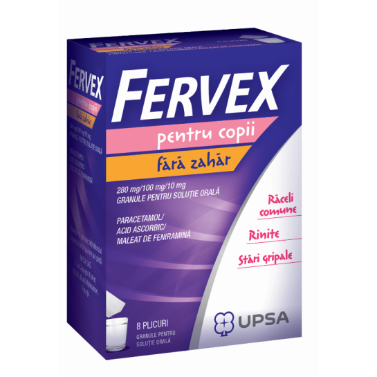 Fervex pentru copii fara zahar, 280mg/100 mg/10 mg, 8 plicuri