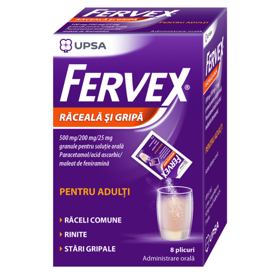 Fervex Răceală si Gripă pentru adulti, 500mg/200mg/25mg, 8 plicuri, Upsa