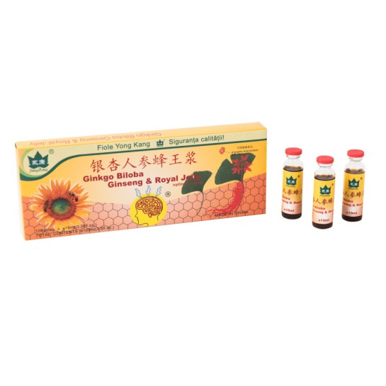 Ginkgo Biloba Ginseng si Royal Jelly, 10 fiole, Yong Kang