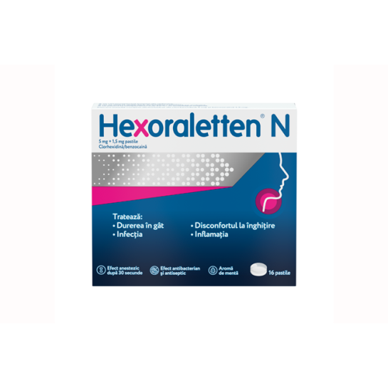 Hexoraletten N, 5 mg+1,5 mg, 16 pastile, McNeil