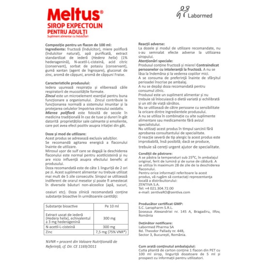 Meltus Expectolin pentru adulti, 100ml, supliment alimentar, Labormed, sirop cu miere, iederă, zinc, acetilcisteină 