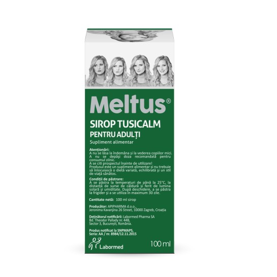 Meltus Tusicalm pentru adulti, 100ml, supliment alimentar, Labormed, sirop cu miere, Cimbru, Grindelia, Pătlagină si tinctură de propolis 