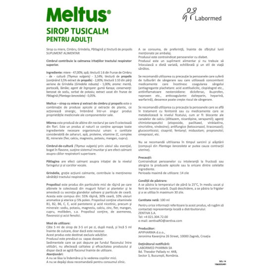 Meltus Tusicalm pentru adulti, 100ml, supliment alimentar, Labormed, sirop cu miere, Cimbru, Grindelia, Pătlagină si tinctură de propolis 