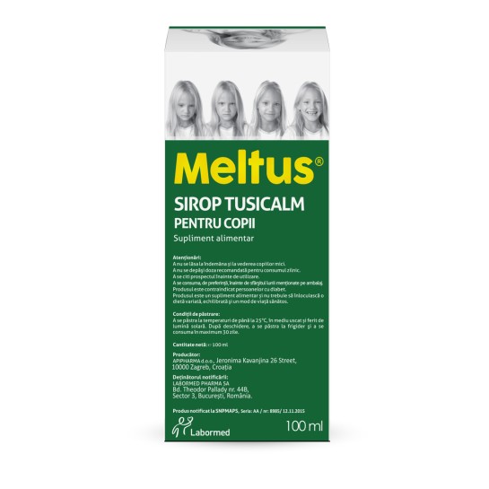 Meltus Tusicalm pentru copii, 100ml, supliment alimentar, Labormed, sirop cu miere, Cimbru, Grindelia, Pătlagină si tinctură de propolis 