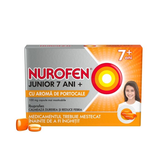 Nurofen Junior 7 ani+ 100 mg cu aromă de portocale, 12 capsule, Reckitt Benckiser