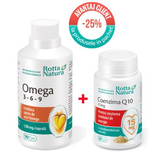 Omega 3-6-9, 90 capsule + Coenzima Q10, 30 capsule, Rotta Natura