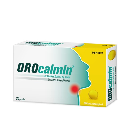 Orocalmin cu aromă de lămaie, 3mg, 20 pastile, Zentiva, tratamentul local simptomatic al durerilor in gat la adulti si copii cu varsta peste 6 ani