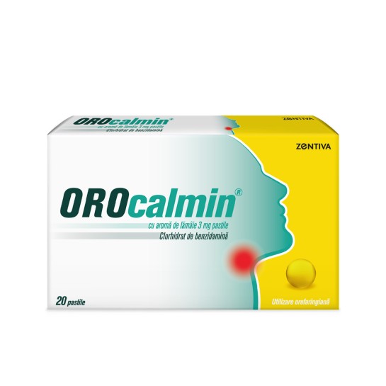 Orocalmin cu aromă de lămaie, 3mg, 20 pastile, Zentiva, tratamentul local simptomatic al durerilor in gat la adulti si copii cu varsta peste 6 ani