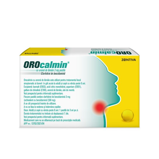 Orocalmin cu aromă de lămaie, 3mg, 20 pastile, Zentiva, tratamentul local simptomatic al durerilor in gat la adulti si copii cu varsta peste 6 ani