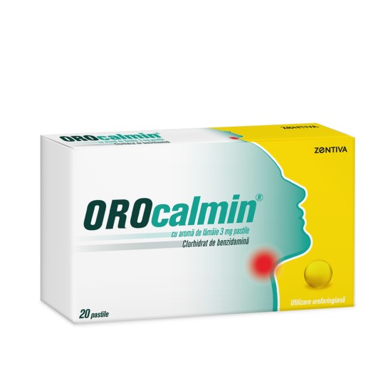 Orocalmin cu aromă de lămaie, 3mg, 20 pastile, Zentiva, tratamentul local simptomatic al durerilor in gat la adulti si copii cu varsta peste 6 ani