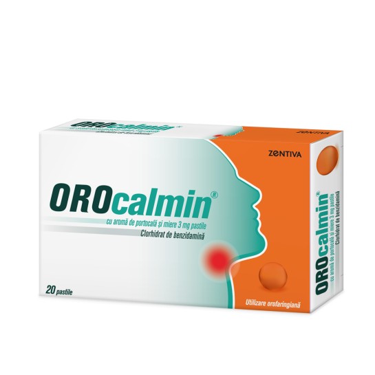 Orocalmin cu aromă de portocale, 3mg, 20 pastile, Zentiva, tratamentul local simptomatic al durerilor in gat la adulti si copii cu varsta peste 6 ani