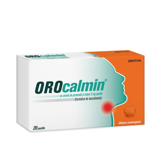 Orocalmin cu aromă de portocale, 3mg, 20 pastile, Zentiva, tratamentul local simptomatic al durerilor in gat la adulti si copii cu varsta peste 6 ani