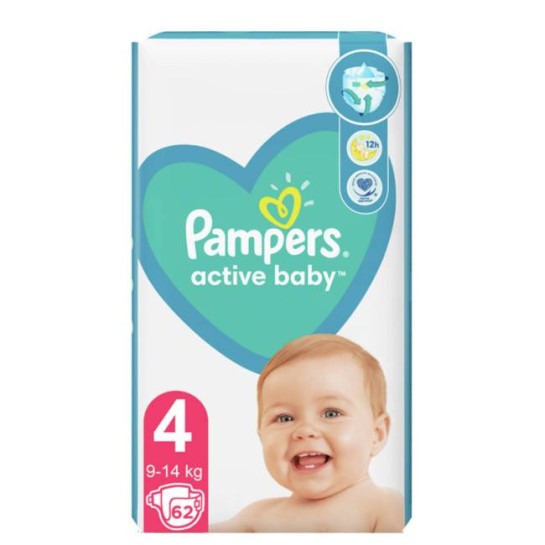 Pampers 4 active baby 9-14kg, 62 bucăti