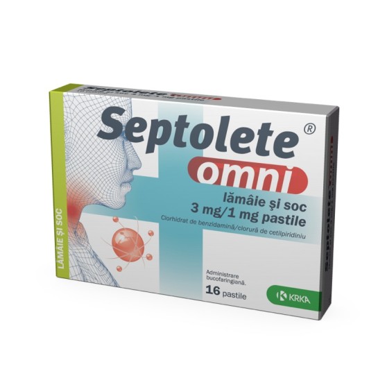 Septolete omni lămaie si soc, 3mg/1mg, 16 pastile, Krka