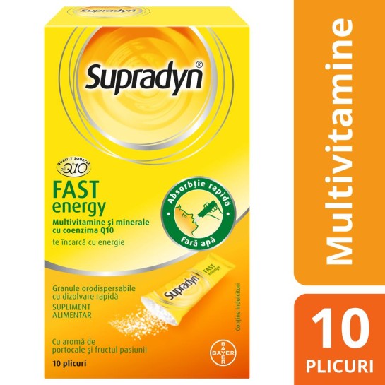 Supradyn Fast Energy, Multivitamine si Coenzima Q10, 10 plicuri granule orodispersabile cu dizolvare rapidă