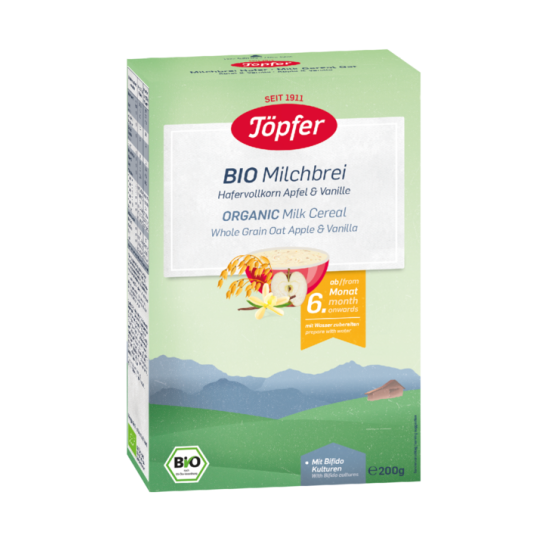 Topfer Cereale bio ovăz integral lapte măr vanilie, +6 luni, 200g