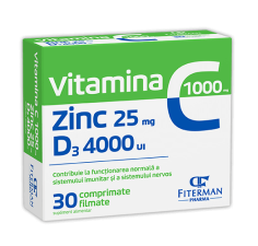 Vitamina C 1000 mg + Zinc 25 mg + D3 4000 UI, 30 comprimate filmate, Fiterman Pharma