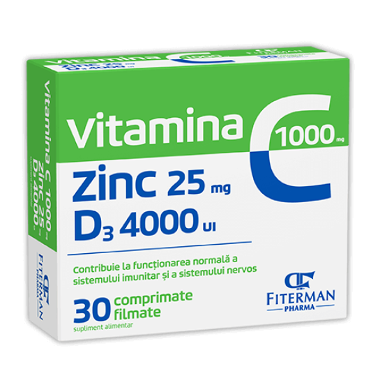 Vitamina C 1000 mg + Zinc 25 mg + D3 4000 UI, 30 comprimate filmate, Fiterman Pharma